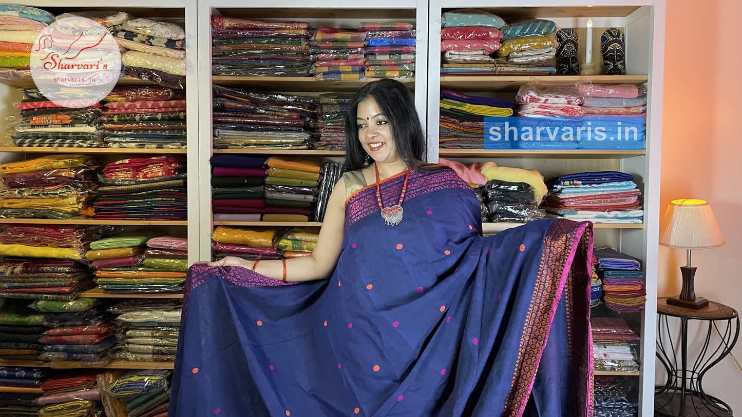 Blue Baluchari Cotton Saree with Ganga Jamuna Borders