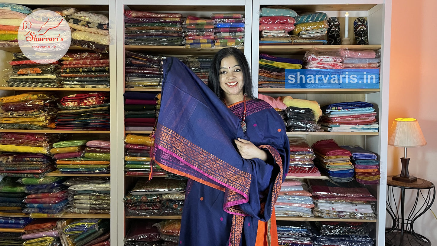 Blue Baluchari Cotton Saree with Ganga Jamuna Borders