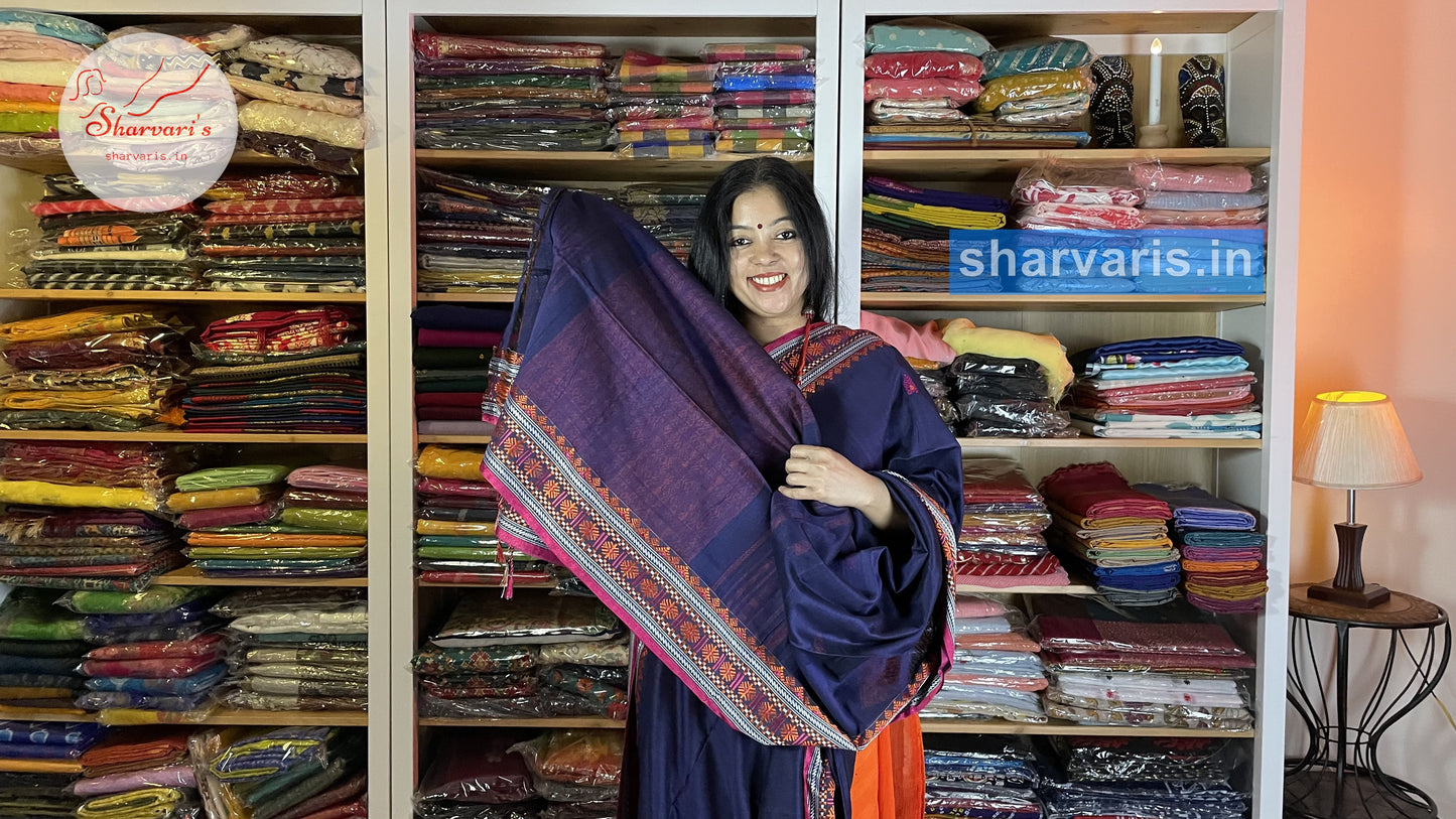 Navy Blue Baluchari Cotton Saree with Rich Thread Work Pallu