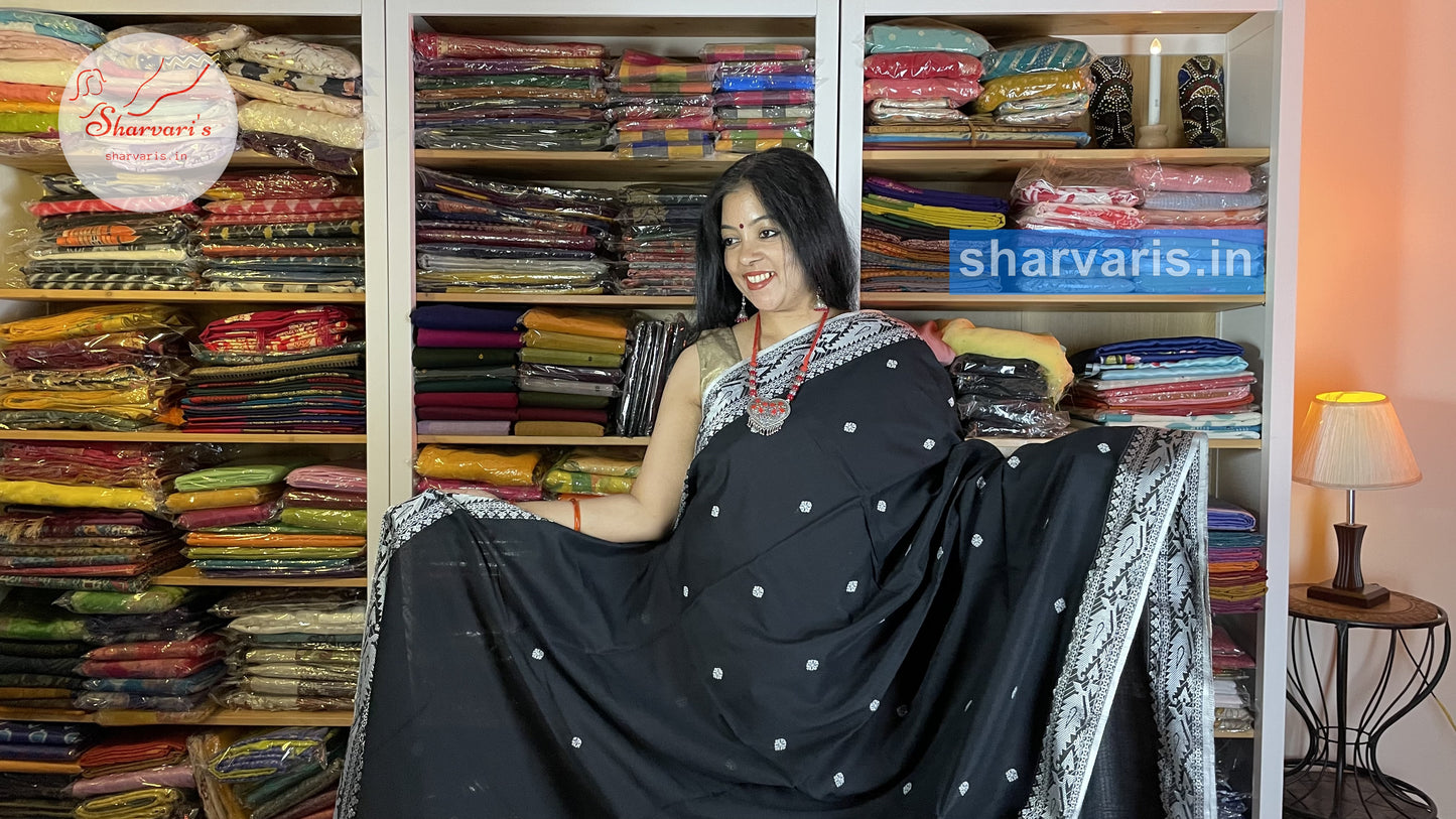 Black and White Baluchari Cotton Saree with Charming Borders