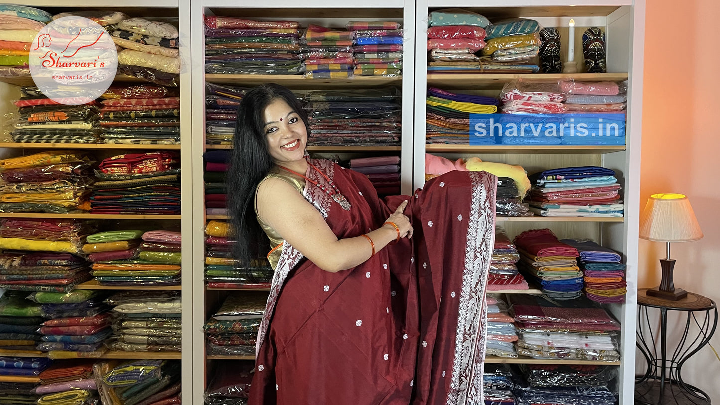 Maroon and White Baluchari Cotton Saree with Charming Borders