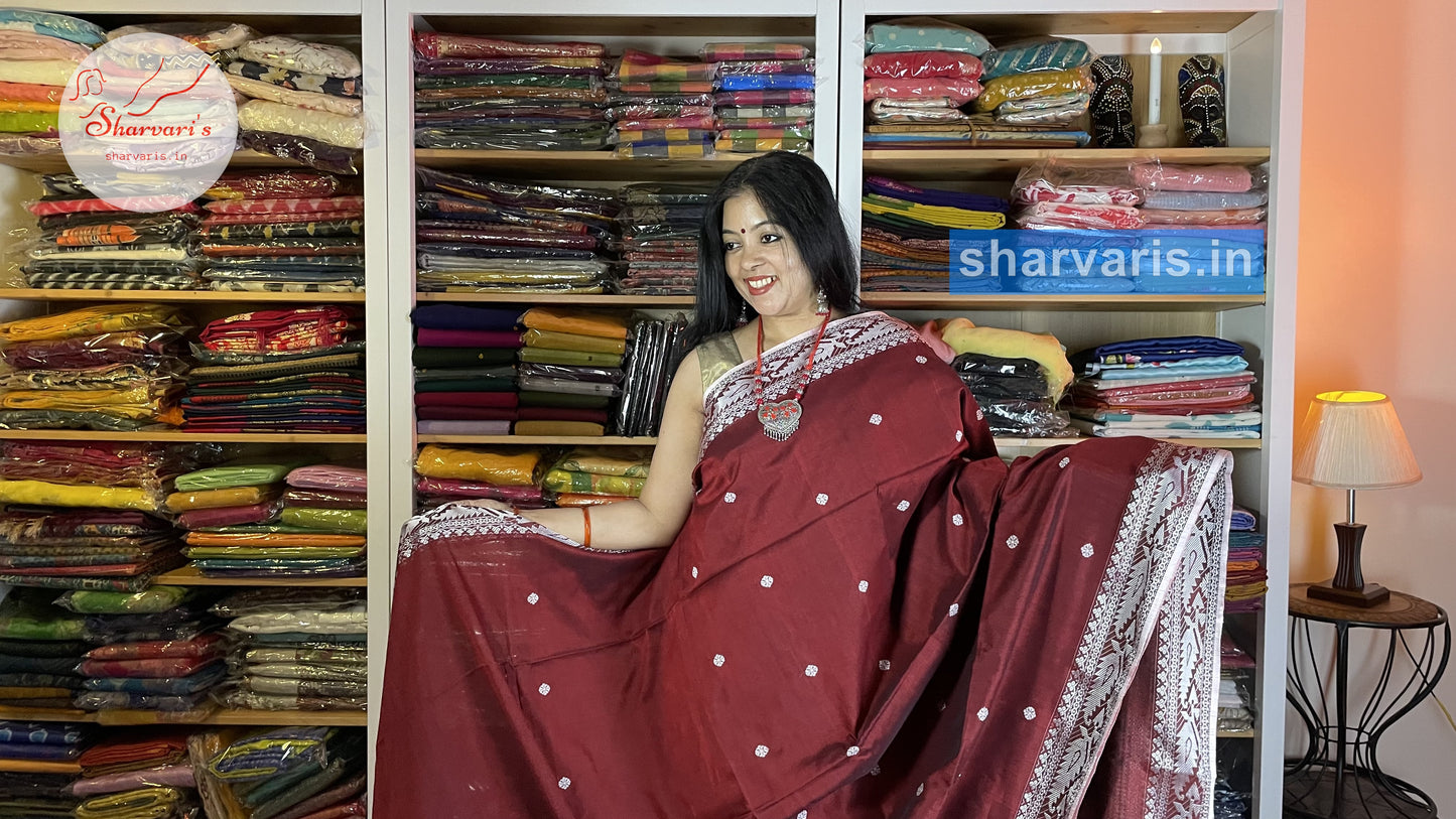 Maroon and White Baluchari Cotton Saree with Charming Borders