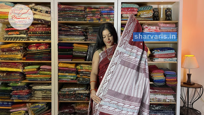 Maroon and White Baluchari Cotton Saree with Charming Borders