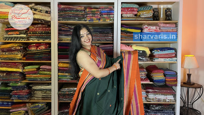 Bottle Green and Orange Baluchari Cotton Saree with Unique Thread Work