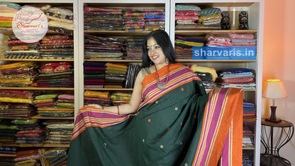 Bottle Green and Orange Baluchari Cotton Saree with Unique Thread Work