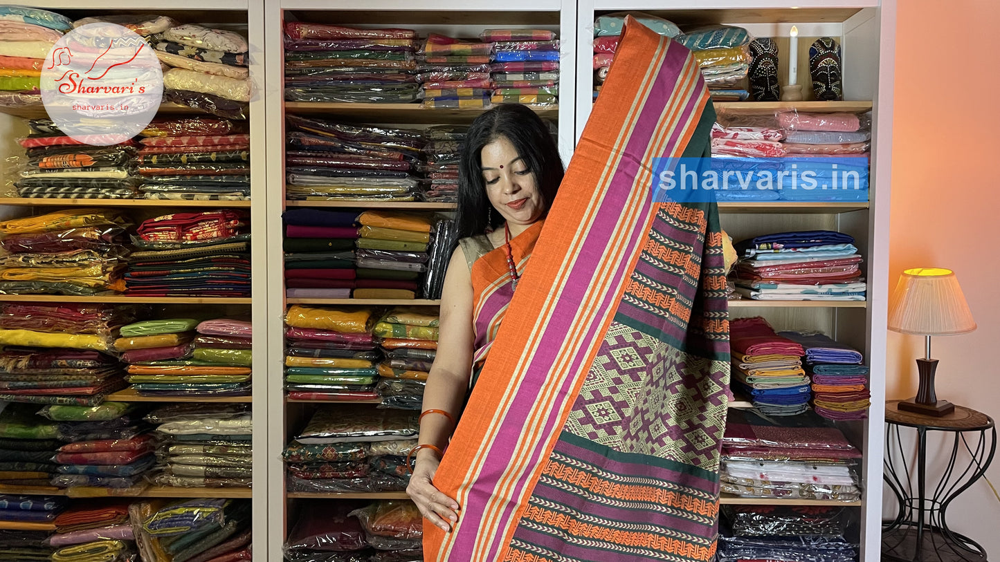 Bottle Green and Orange Baluchari Cotton Saree with Unique Thread Work