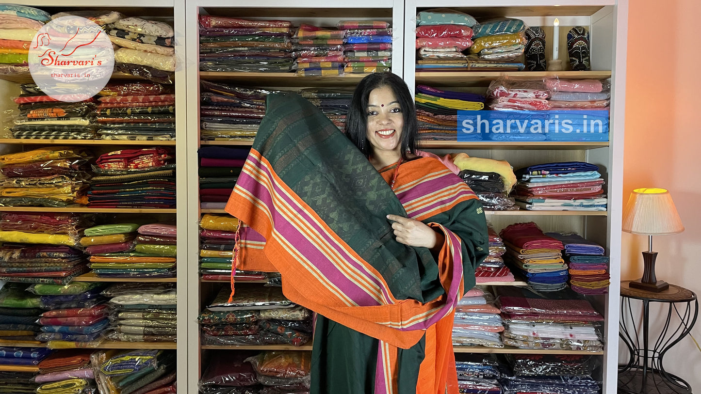 Bottle Green and Orange Baluchari Cotton Saree with Unique Thread Work