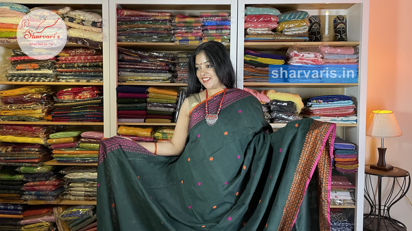 Bottle Green Baluchari Cotton Saree with Ganga Jamuna Borders