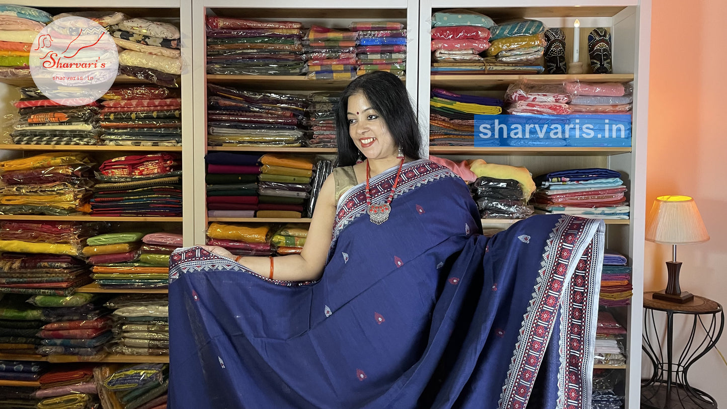 Navy Blue Baluchari Cotton Saree with Unique Thread Work