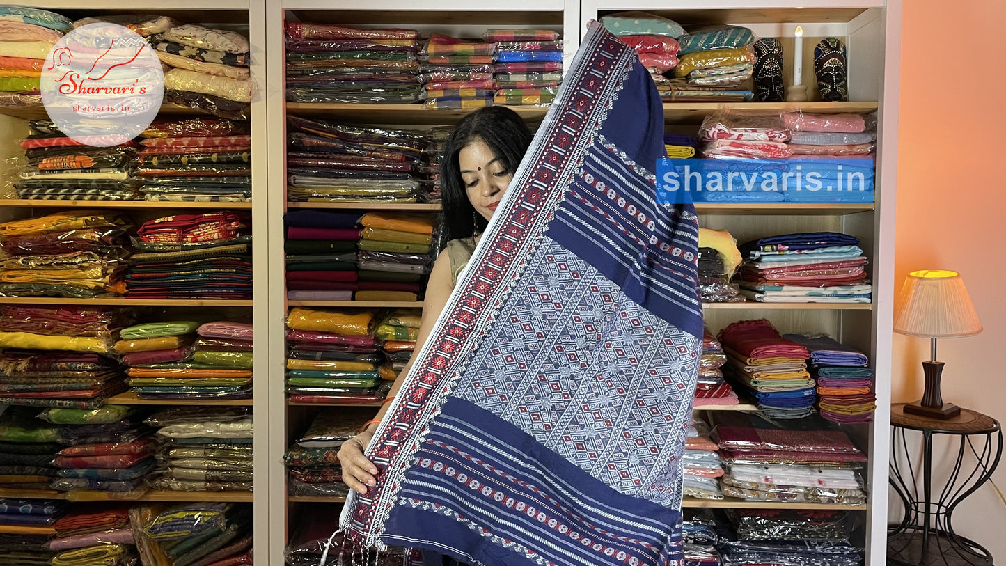 Navy Blue Baluchari Cotton Saree with Unique Thread Work