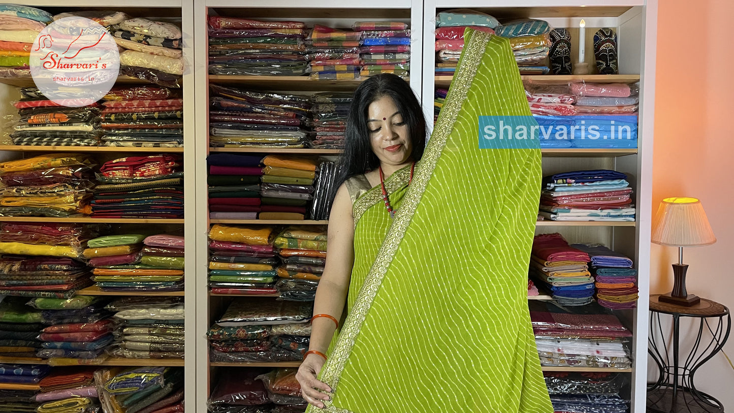 Parrot Green Faux Georgette Leheriya Saree with Embroidered Blouse and Borders