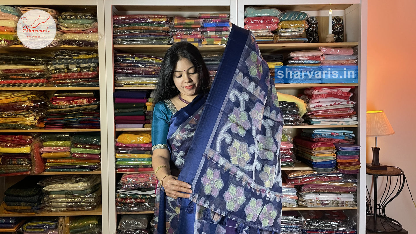 Navy Blue Brasso Saree with Jamdani Prints