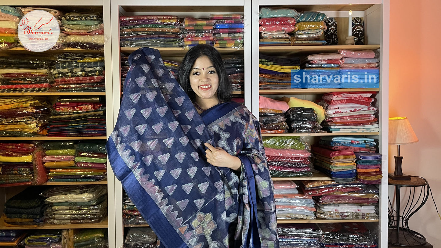 Navy Blue Brasso Saree with Jamdani Prints