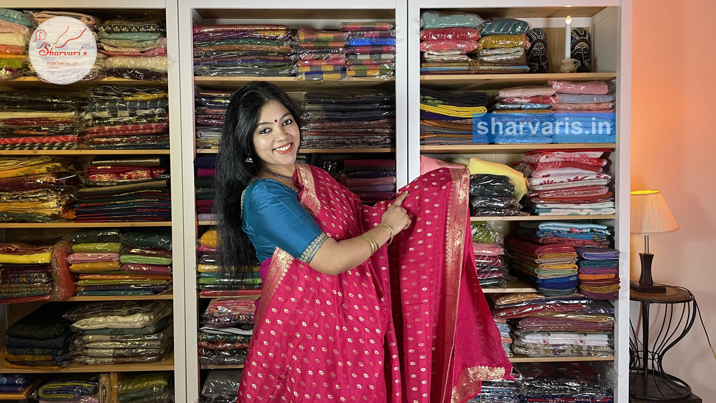 Fuchsia Pink Moonga Silk Saree with Cute Buttas and Gold Zari Borders