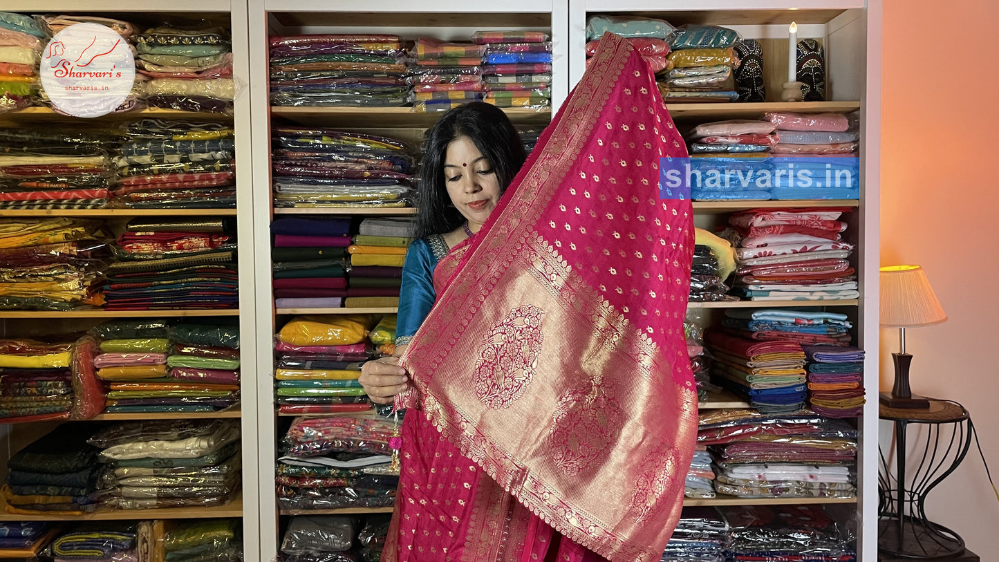 Fuchsia Pink Moonga Silk Saree with Cute Buttas and Gold Zari Borders