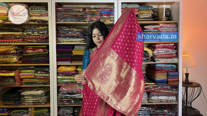 Fuchsia Pink Moonga Silk Saree with Cute Buttas and Gold Zari Borders