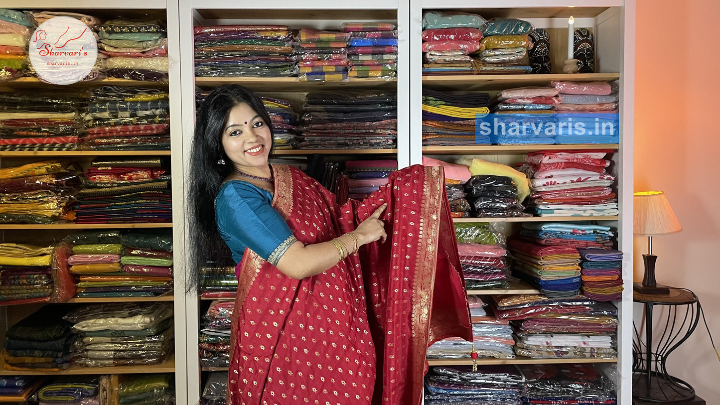 Red Moonga Silk Saree with Cute Buttas and Gold Zari Borders