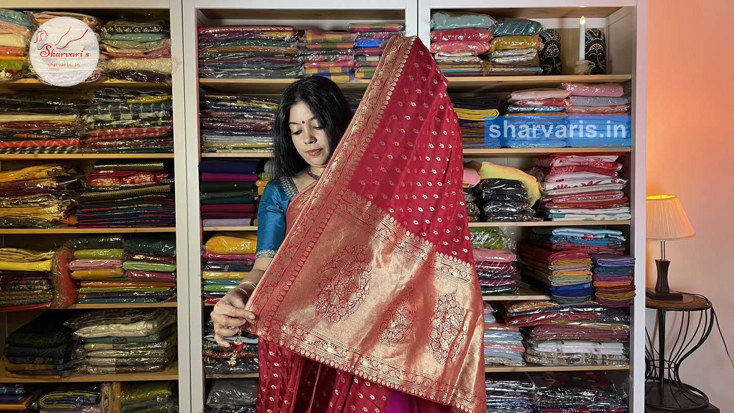 Red Moonga Silk Saree with Cute Buttas and Gold Zari Borders