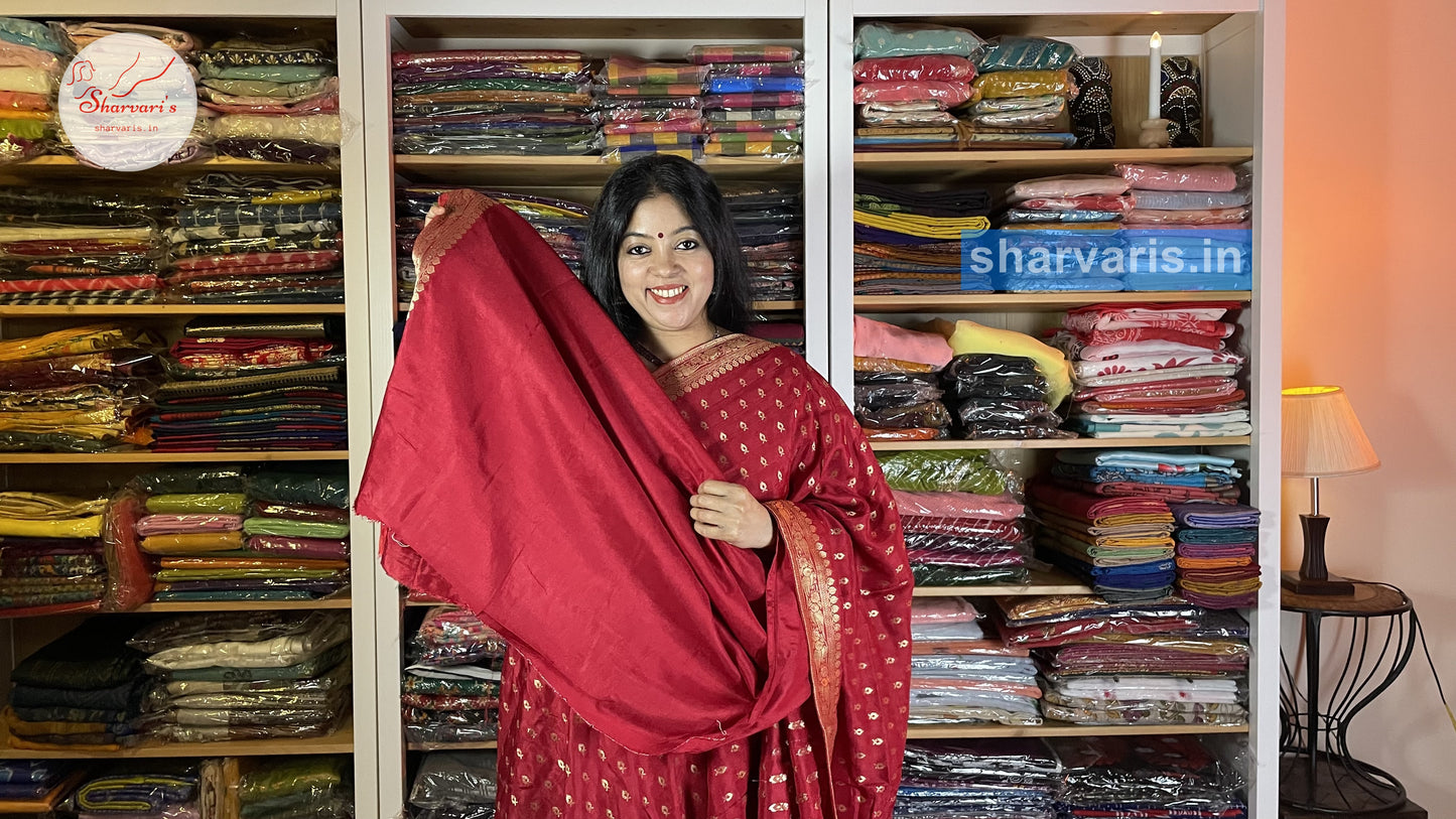 Red Moonga Silk Saree with Cute Buttas and Gold Zari Borders