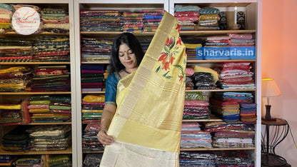 Yellow Moonga Silk Saree with Floral Prints and Zari Borders