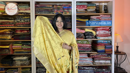 Yellow Moonga Silk Saree with Floral Prints and Zari Borders