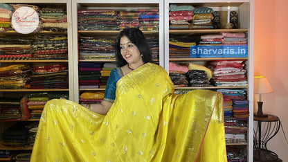 Yellow and Fuchsia Pink Moonga Silk Saree with Piping Borders