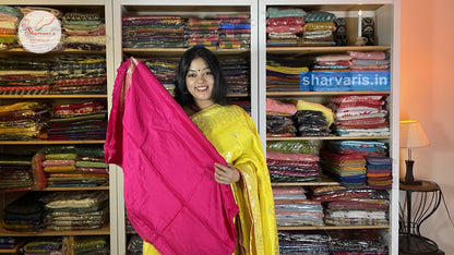 Yellow and Fuchsia Pink Moonga Silk Saree with Piping Borders