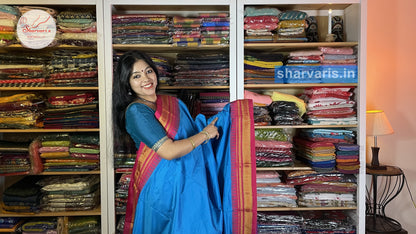 Blue and Pink Ilkal Silk Cotton Saree with Temple Borders