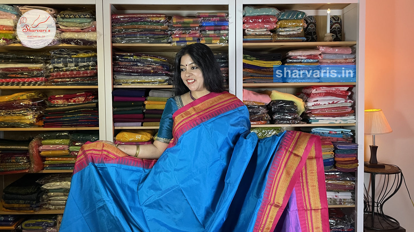 Blue and Pink Ilkal Silk Cotton Saree with Temple Borders