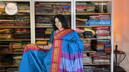 Blue and Pink Ilkal Silk Cotton Saree with Temple Borders