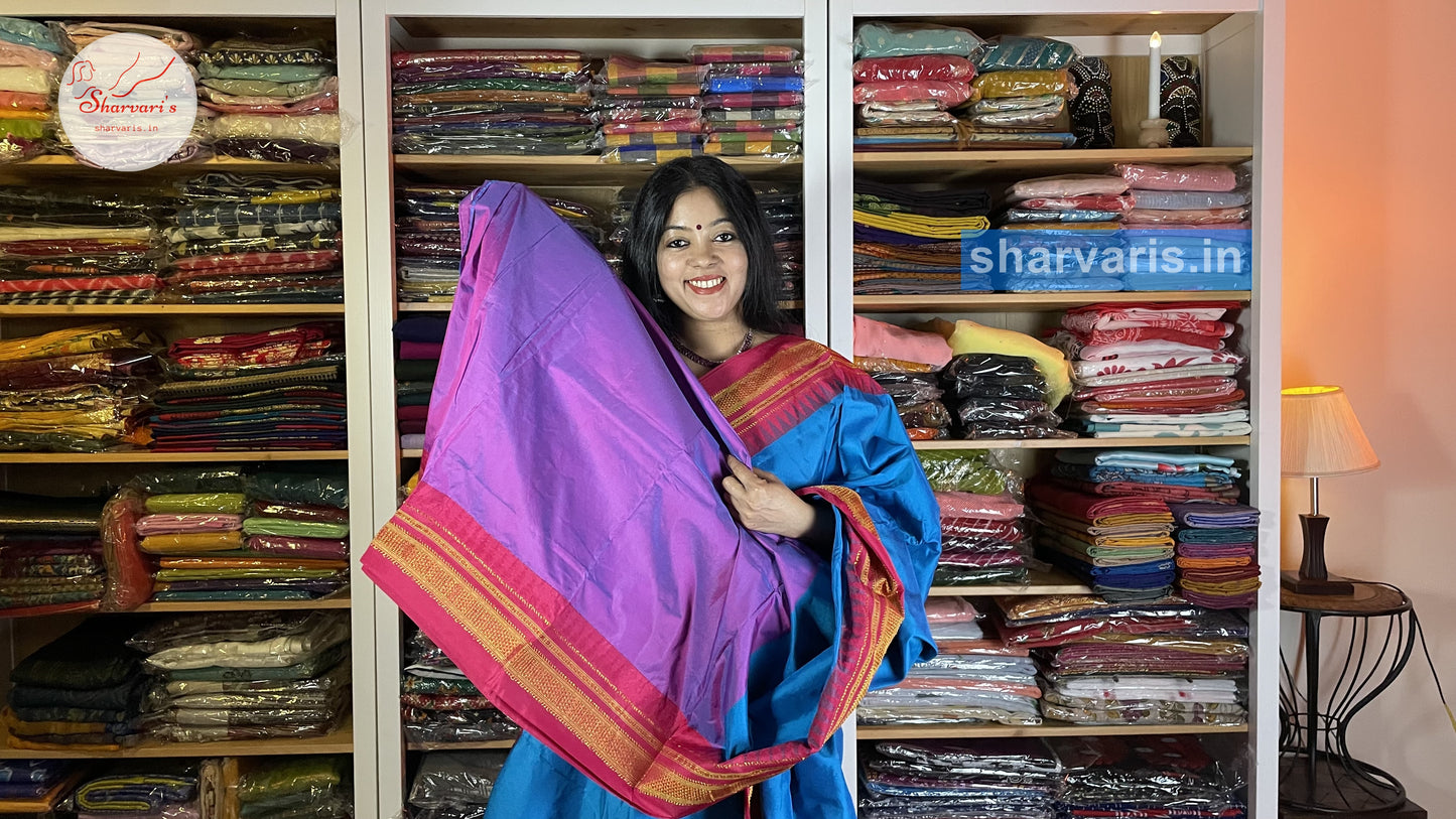 Blue and Pink Ilkal Silk Cotton Saree with Temple Borders