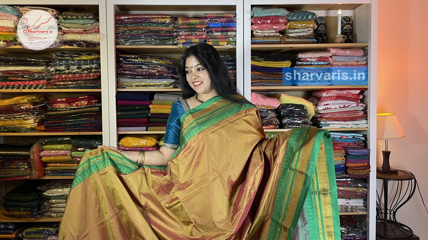 Golden Mustard and Green Dual Tone Ilkal Silk Cotton Saree with Temple Borders