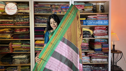 Golden Mustard and Green Dual Tone Ilkal Silk Cotton Saree with Temple Borders