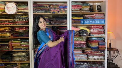 Deep Purple and Blue Ilkal Silk Cotton Saree with Temple Borders