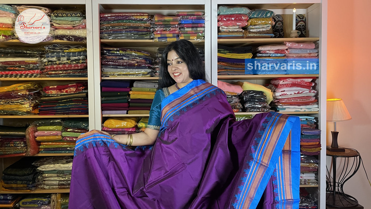 Deep Purple and Blue Ilkal Silk Cotton Saree with Temple Borders