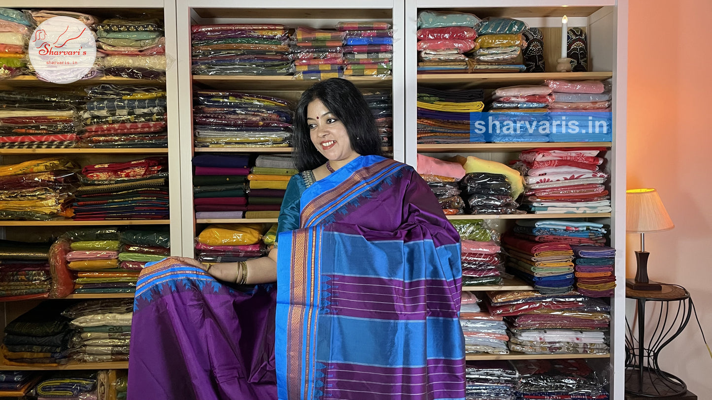 Deep Purple and Blue Ilkal Silk Cotton Saree with Temple Borders