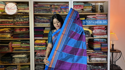 Deep Purple and Blue Ilkal Silk Cotton Saree with Temple Borders