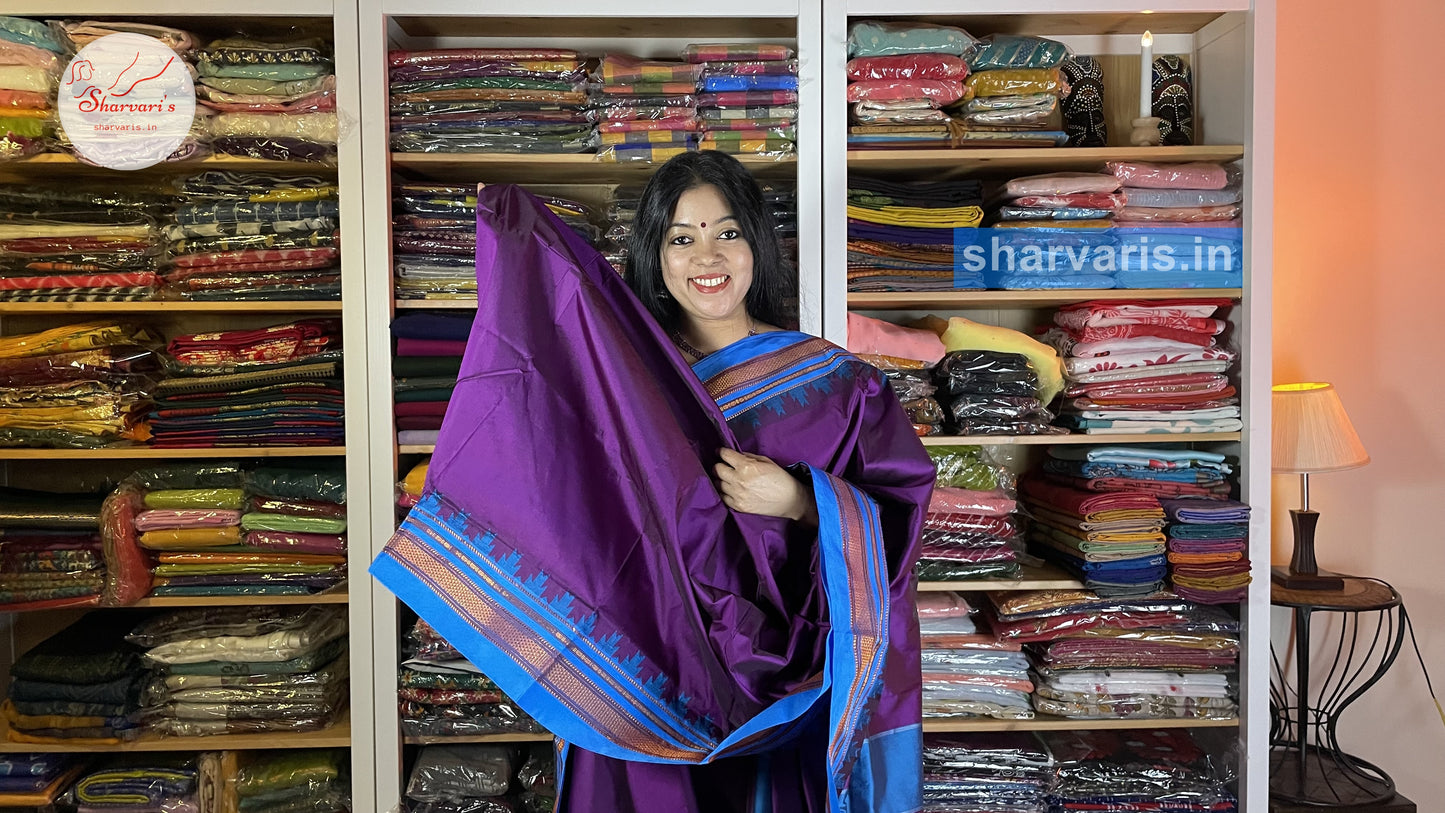 Deep Purple and Blue Ilkal Silk Cotton Saree with Temple Borders