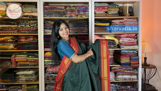 Peacock Green and Red Ilkal Silk Cotton Saree with Temple Borders