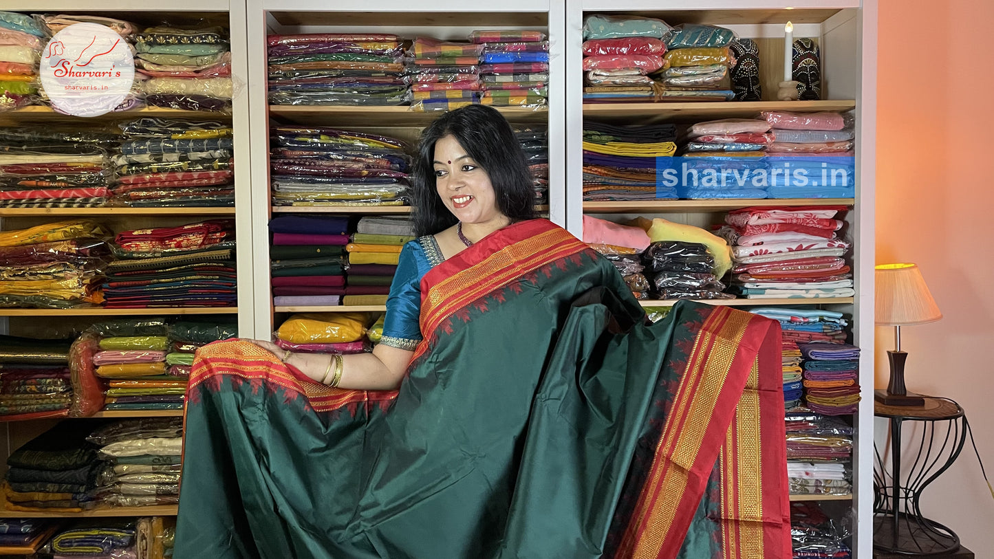 Peacock Green and Red Ilkal Silk Cotton Saree with Temple Borders