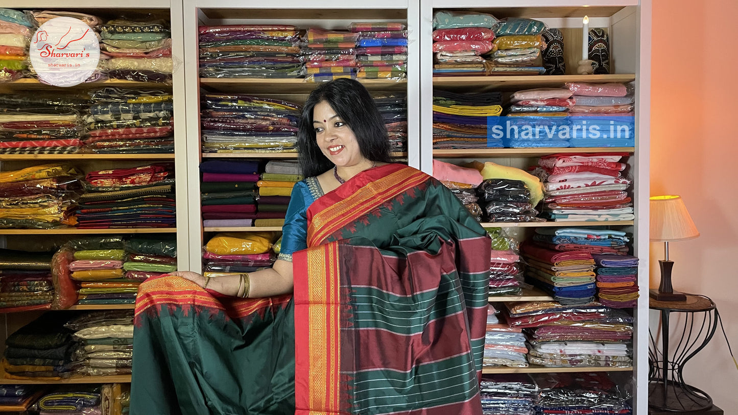 Peacock Green and Red Ilkal Silk Cotton Saree with Temple Borders