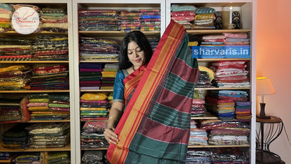 Peacock Green and Red Ilkal Silk Cotton Saree with Temple Borders