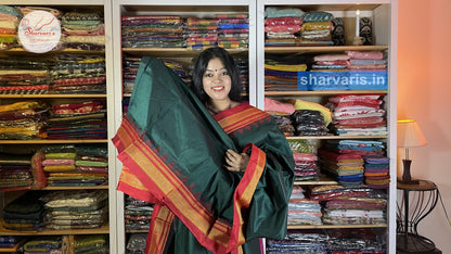 Peacock Green and Red Ilkal Silk Cotton Saree with Temple Borders