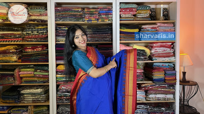 Royal Blue and Red Ilkal Silk Cotton Saree with Temple Borders