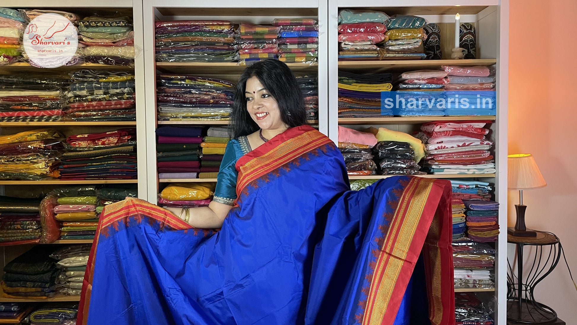 Royal Blue and Red Ilkal Silk Cotton Saree with Temple Borders – Sharvari's