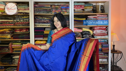 Royal Blue and Red Ilkal Silk Cotton Saree with Temple Borders