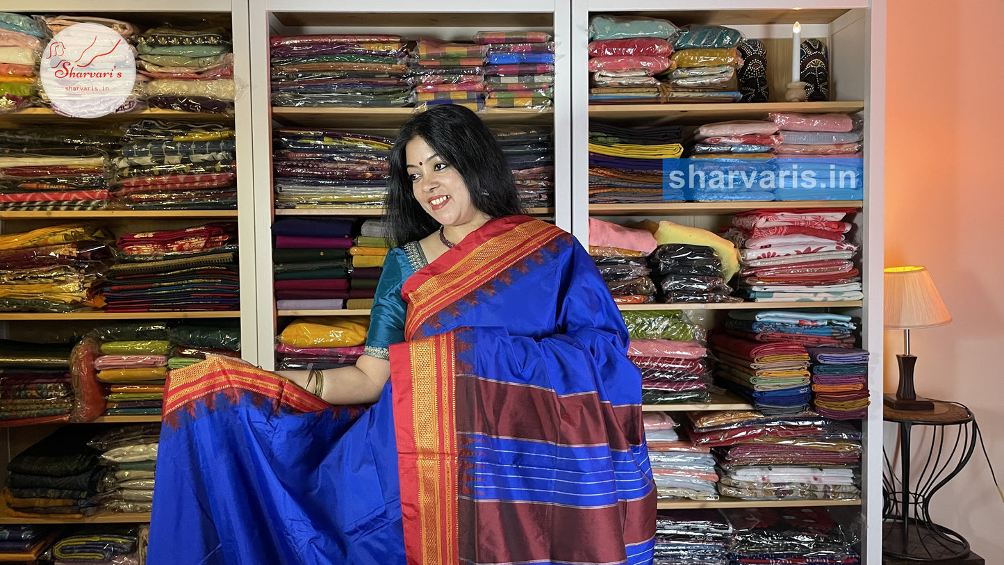 Royal Blue and Red Ilkal Silk Cotton Saree with Temple Borders