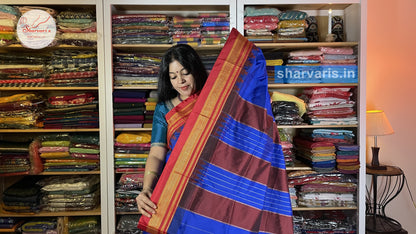 Royal Blue and Red Ilkal Silk Cotton Saree with Temple Borders