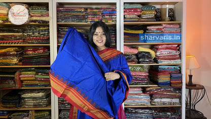 Royal Blue and Red Ilkal Silk Cotton Saree with Temple Borders