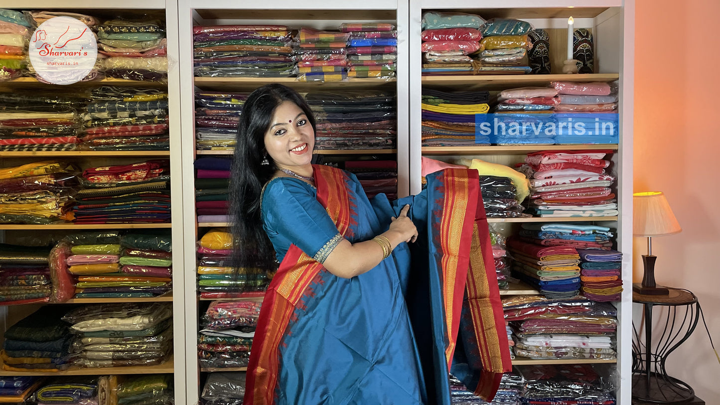 Blue and Red Ilkal Silk Cotton Saree with Temple Borders